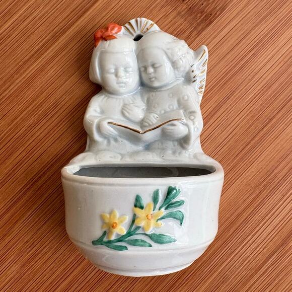 Vintage Other - Antique Miniature Holy Water Font Bisque Porcelain Germany Angel Child Miniature